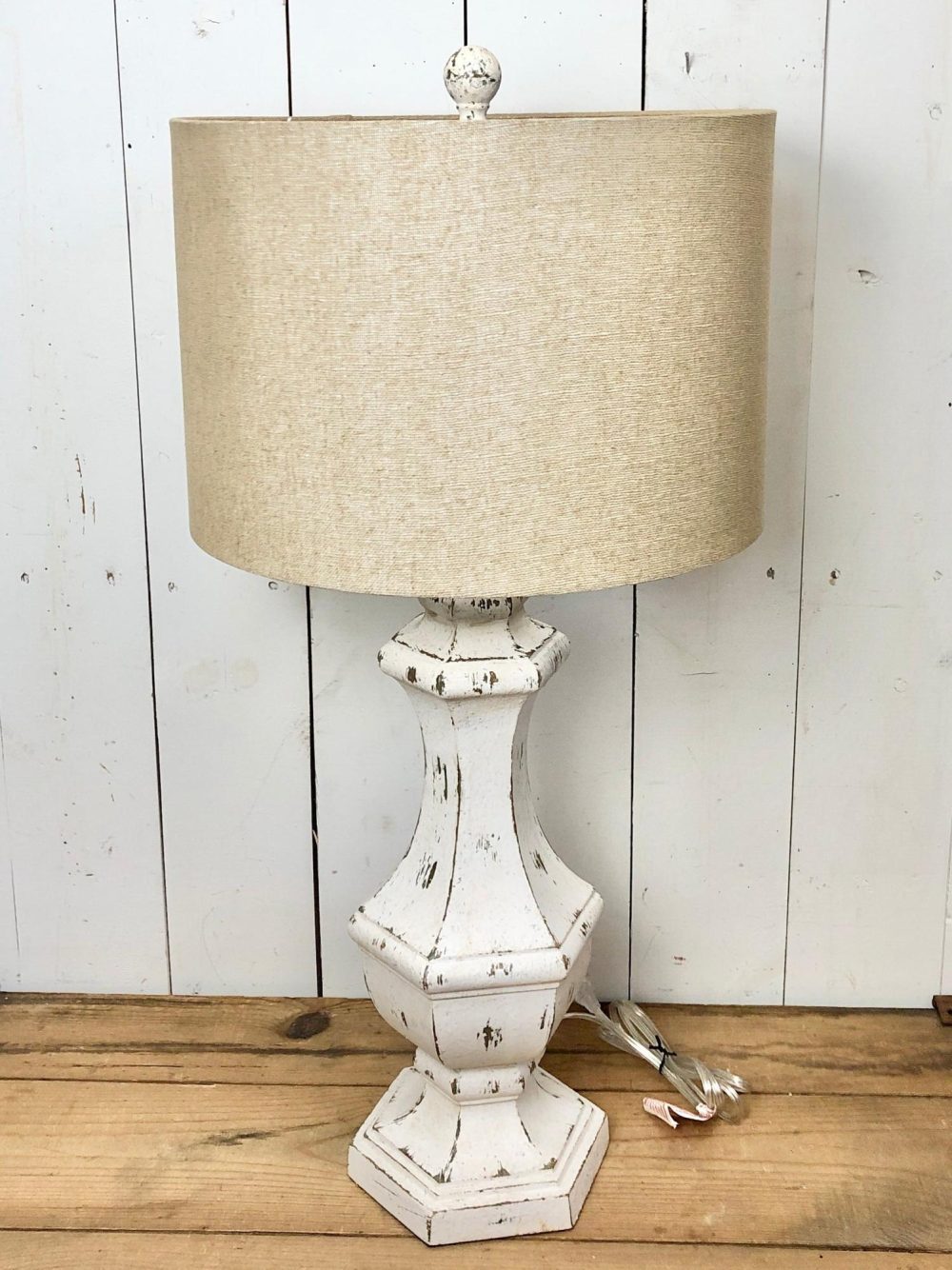 Lamps | Large White Distressed Lamp with Tan Shade Home Decor Lamps