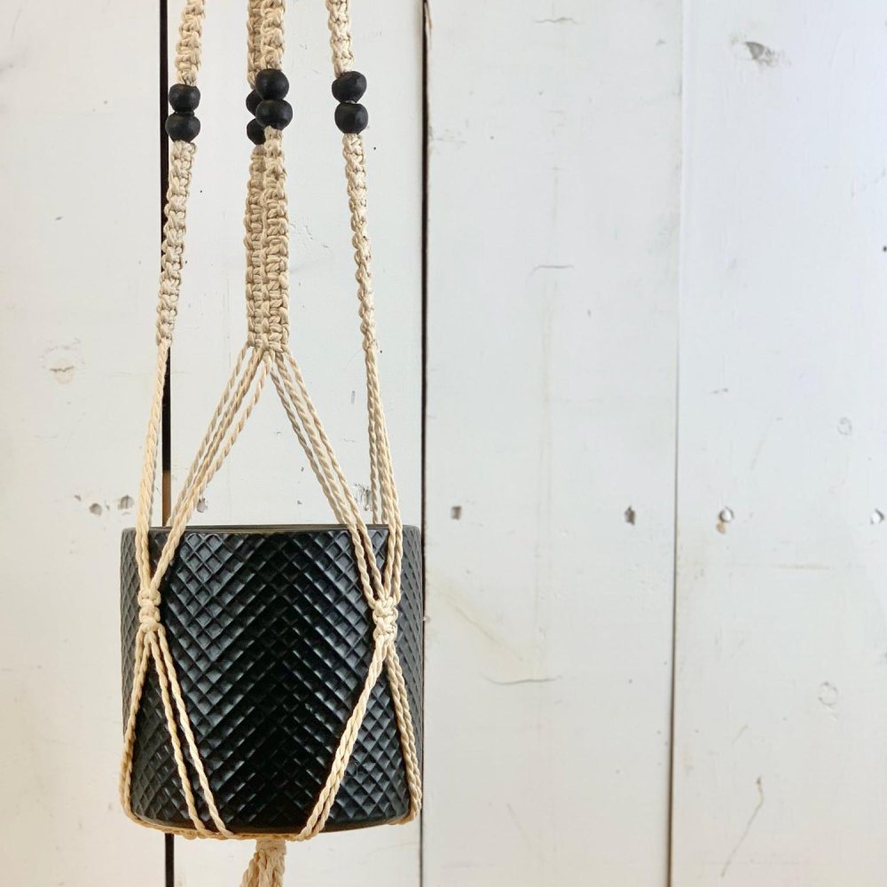 Macrame | Ivory Macramé Hanger with 1 Tier of Black Beads Home Decor Macrame