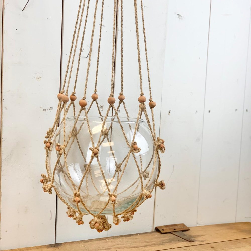 Macrame | Tan Macramé Hanger with Terracotta Beads Home Decor Macrame