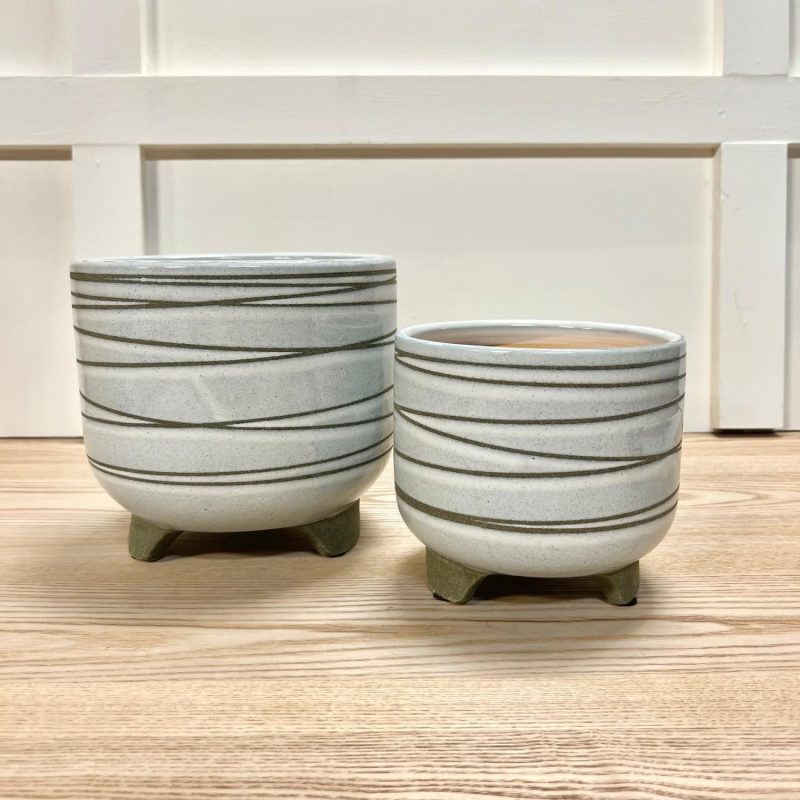 Pottery | Sage Green Striped Footed Planters – Set of 2 Home Decor Pottery