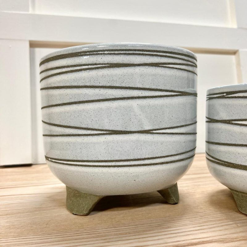 Pottery | Sage Green Striped Footed Planters – Set of 2 Home Decor Pottery