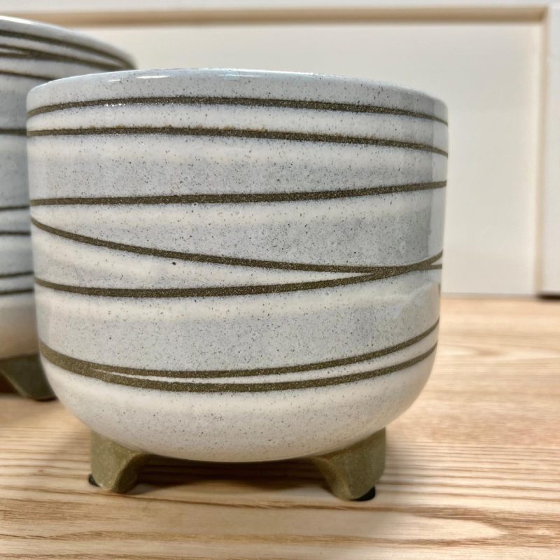 Pottery | Sage Green Striped Footed Planters – Set of 2 Home Decor Pottery