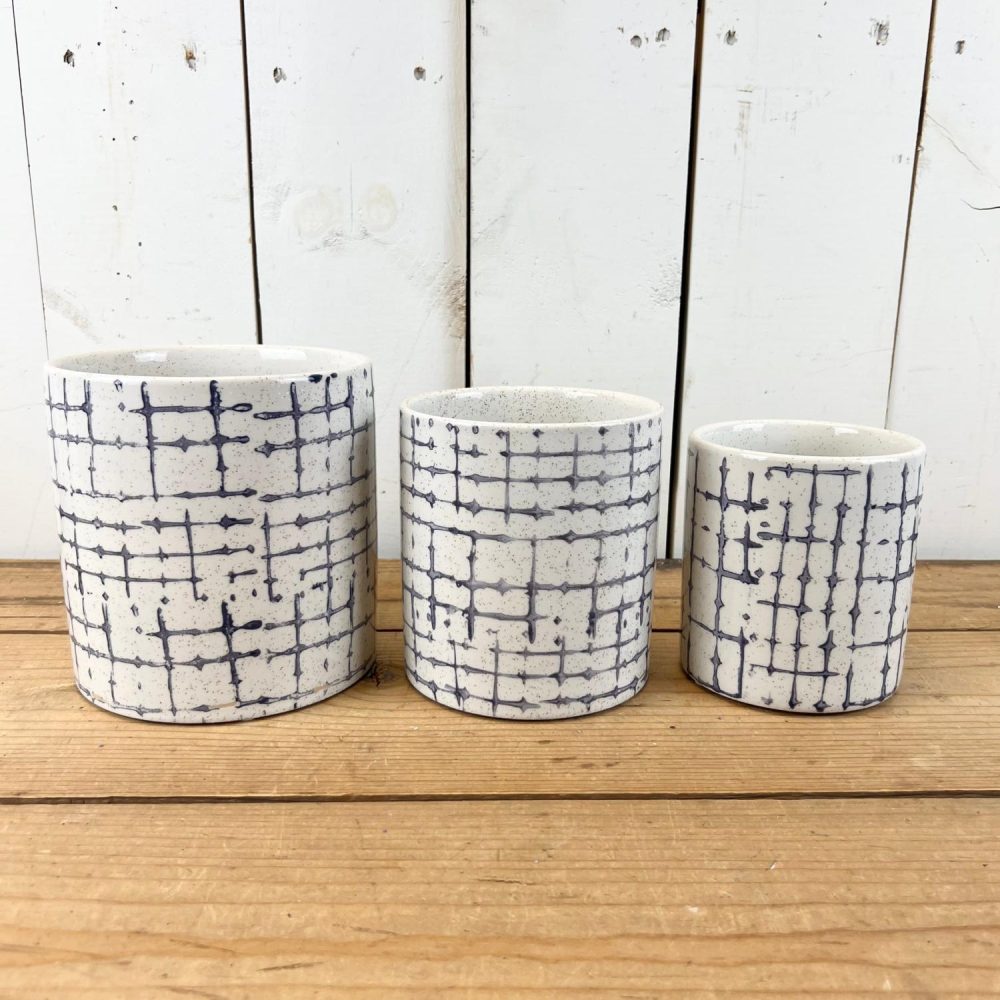 Pottery | White and Indigo Hatch Patterned Pots Home Decor Pottery