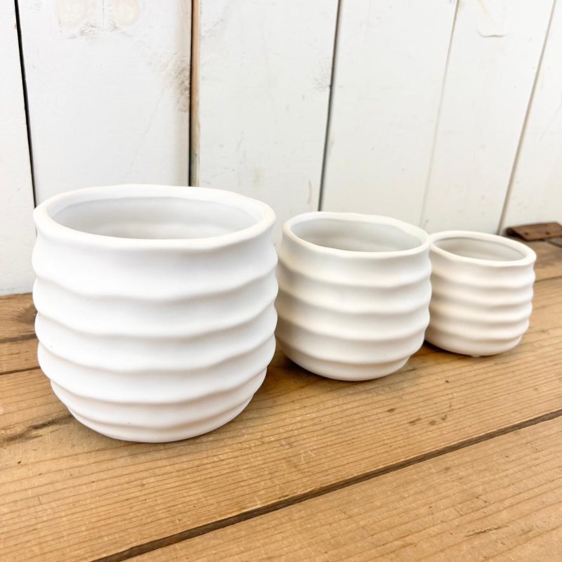 Pottery | White Ribbed Pots Home Decor Pottery