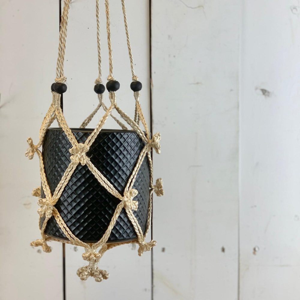 Macrame | Ivory Flower Plant Hanger with Black Beads Home Decor Macrame